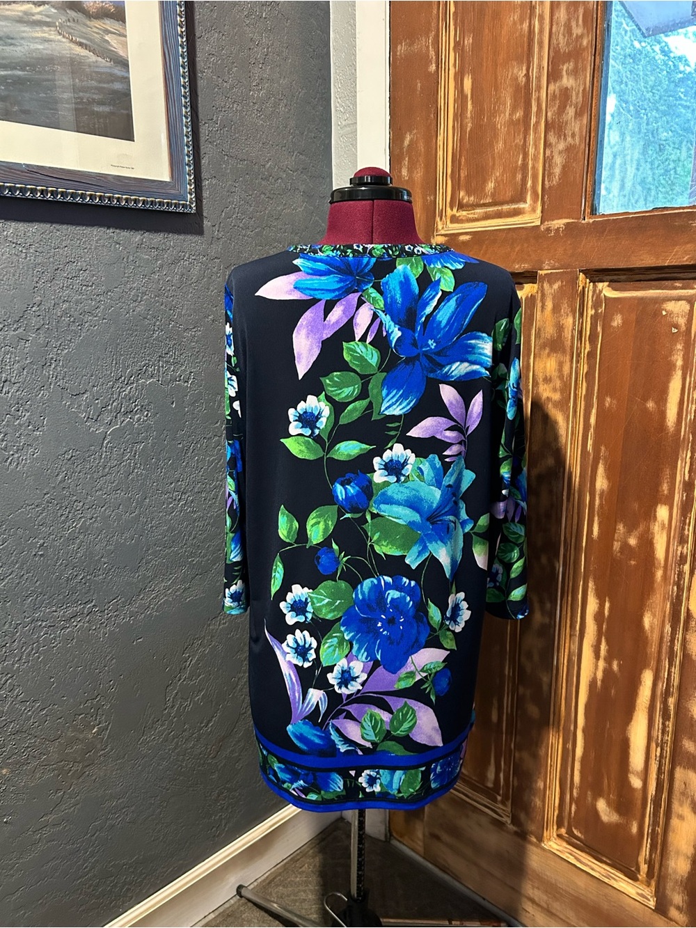 Susan Graver Black Floral V-Neck Tunic with Blue, Green & Purple Blooms - Picture 2 of 7